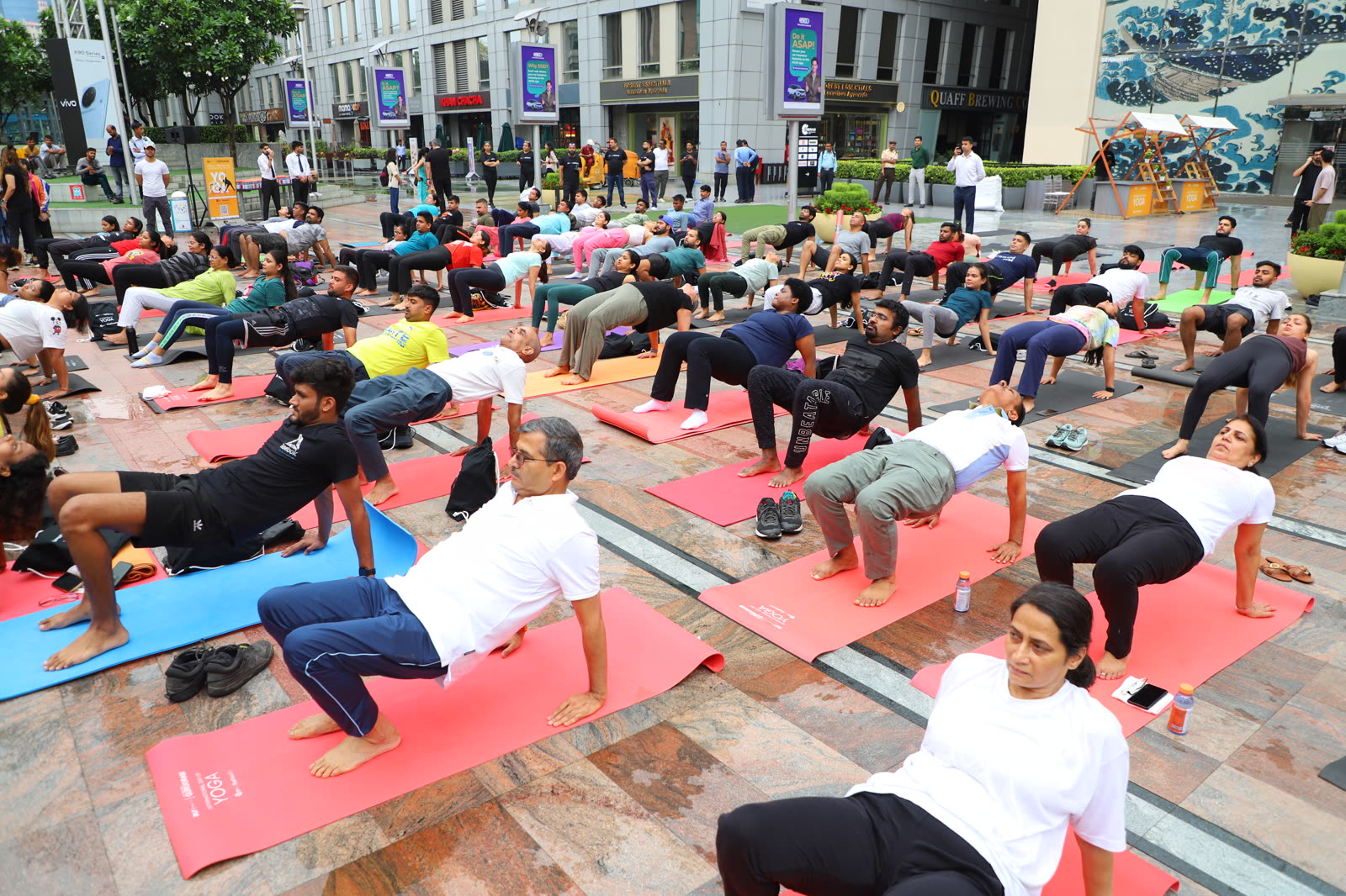 A large crowd holding a cobra pose together at International Day of Yoga